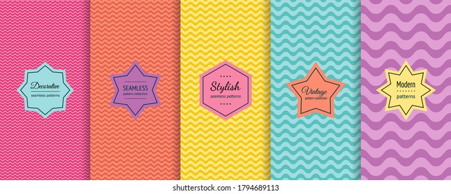 Vector wave seamless patterns collection. Set of colorful background swatches with elegant minimal labels. Abstract textures with wavy lines, curves. Pink, orange, yellow, turquoise, purple color