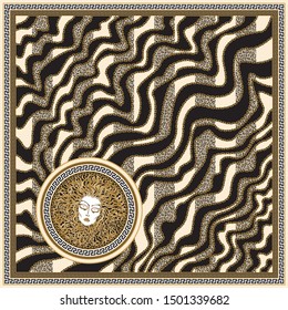 Vector wave striped shawl print with gold chains, black and beige leopard spots, Greek meander border pattern, Medusa Gorgon head  Baroque silk bandana . 6 pattern brushes in the palette