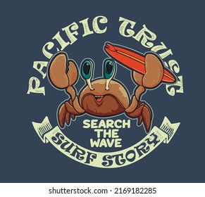 vector wave surfer crab character  illustration for t shirts prints