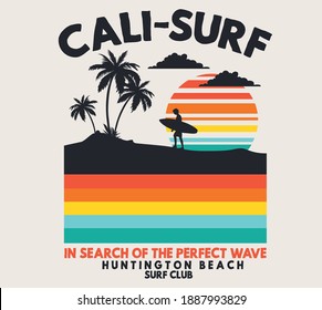 vector wave surfing and palm tree illustration for t shirt design