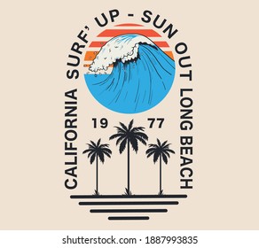 vector wave surfing and palm tree illustration for t shirt design