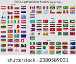 Vector waved flags of the world with official RGB coloring and detailed emblems. Popular world flags set.
