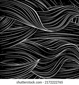 Vector - Waves black and white pattern. Abstract starry night ocean background.