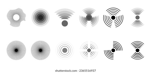 Kollektion von Vektorwellen - Sound, Vibration, Signal, Sonar. Vektorelemente einzeln auf Weiß.