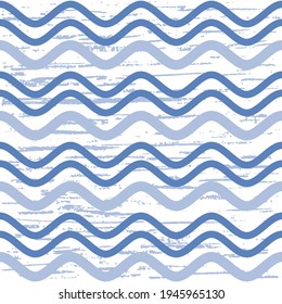 Vector waves design. Seamless waves of blue shades on a textured white background. Abstract marine illustration.