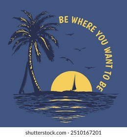 Vector waves, palm tree with tropical beach sun reflection illustration, for t-shirt print and other uses, sunset slogan with hand drawn surf board and camera