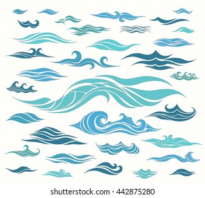 Vector waves set of elements for design, blue silhouettes against a light background                            