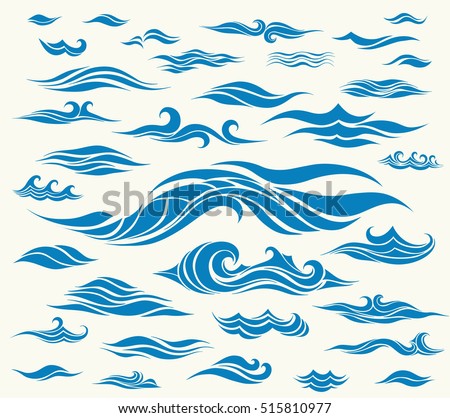 Vector waves set of elements for design, blue silhouettes against a light background