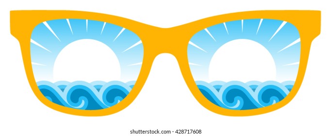 vector waves and sun in sunglasses isolated on white background