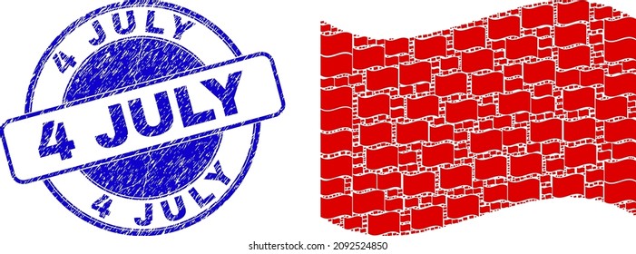 Vector waving flag icon composition is organized of random self waving flag icons. 4 July unclean blue round stamp seal. Recursive collage of waving flag icon.