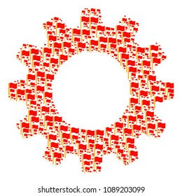 Vector waving flag icons are formed into gearwheel collage. Industrial design concept constructed from waving flag components.