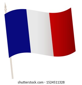 Vector Waving flag on a flagpole. The national flag of France. Color symbol isolated on white.