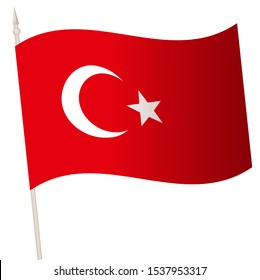 Vector Waving flag on a flagpole. The national flag of Turkey. Color symbol isolated on white.