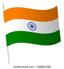Vector Waving flag on a flagpole. The national flag of India. Color symbol isolated on white.