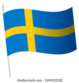 Vector Waving flag on a flagpole. The national flag of Sweden. Color symbol isolated on white.