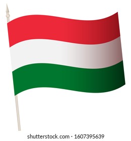 Vector Waving flag on a flagpole. The national flag of Hungary. Color symbol isolated on white.
