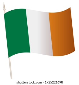 Vector Waving flag on a flagpole. The national flag of Ireland. Color symbol isolated on white.