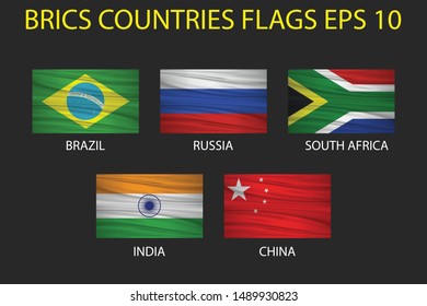 Vector waving flags of Brazil, Russia, South Africa, India, and China illustration.