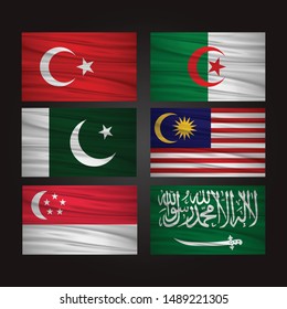 Vector waving flags of Turkey, Algeria, Pakistan, Malaysia, Singapore and Saudi Arabia illustration.