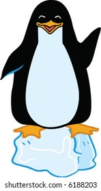 vector waving penguin standing on an ice block