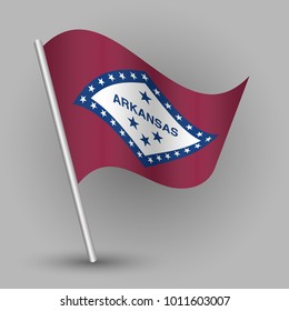 vector waving simple triangle american state flag on slanted silver pole - icon of arkansas with metal stick

