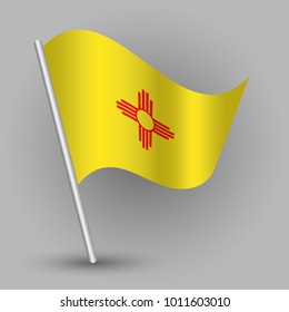 vector waving simple triangle american state flag on slanted silver pole - icon of new mexico with metal stick


