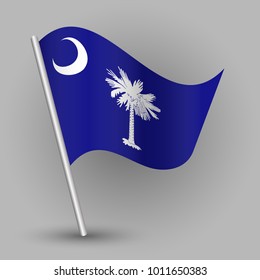 vector waving simple triangle american state flag on slanted silver pole - icon of south carolina with metal stick