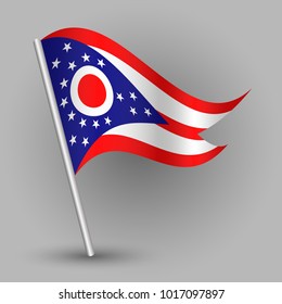 vector waving simple triangle american state flag on slanted silver pole - icon of ohio with metal stick