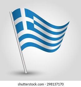 Vector Waving Simple Triangle Greek  Flag On Pole - National Symbol Of Greece With Inclined Metal Stick