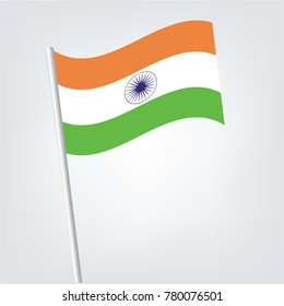 vector waving simple triangle indian flag on slanted silver pole - icon of india with metal stick,an isolated indian flag on a white background.