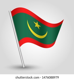 vector waving simple triangle mauritanian flag on slanted silver pole - symbol of mauritania with metal stick