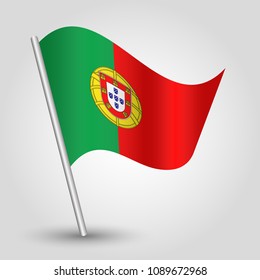 vector waving simple triangle portuguese flag on slanted silver pole - icon of portugal with metal stick