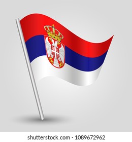 vector waving simple triangle serbian flag on slanted silver pole - icon of serbia with metal stick