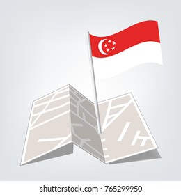 vector waving simple triangle singaporean flag on slanted silver pole - icon of singapore with metal stick,map and check in