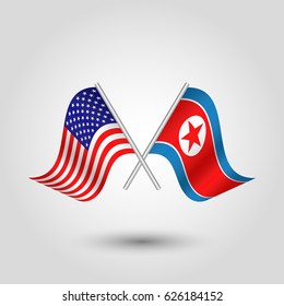 vector waving simple triangle two crossed american and korean flags on slanted silver pole - icon of united states of america and north korea 
