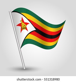 vector waving simple triangle zimbabwean flag on slanted silver pole - icon of republic of zimbabwe with metal stick