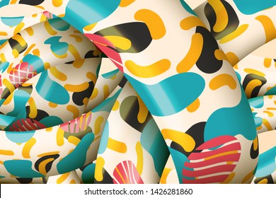 Vector wavy abstract background, 3d shapes with colorful patterns in motion. Bright modern backdrop design.