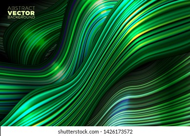 Vector wavy abstract background, green bright and dark lines in motion with place for your text.