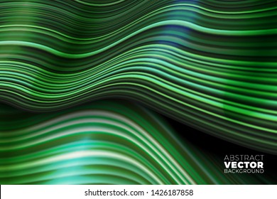 Vector wavy abstract background, green bright and dark lines in motion with place for your text.
