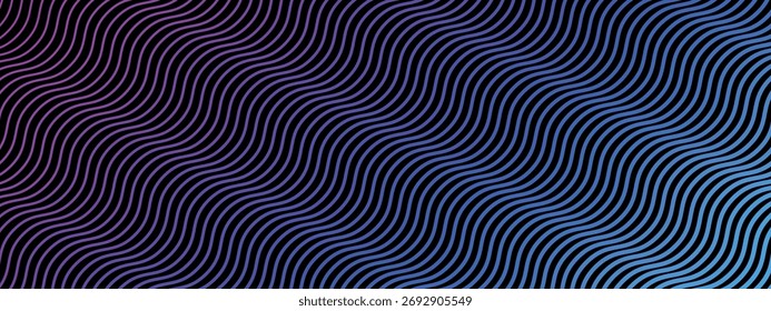 Vector wavy abstract background with line thickness fade. Pattern with curved, gradient stripes on black background