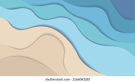 Vector ondulado abstracto mar azul y playa ilustración de fondo de verano. Dibujo de papel en capas azul brillante con olas oceánicas en la sombra