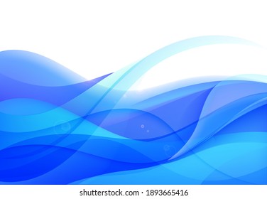 Vector wavy abstract geometric background, blue flow hoizontal banner. Trendy gradient shapes composition. 