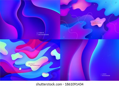 Vector wavy abstract geometric, liquid shapes background set. Trendy gradient colorful composition, dynamic illustration