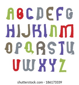 Vector wavy alphabet letters set, hand-drawn colorful script, bright drop caps drawn with ink brush, acrylic painted font.