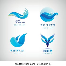 Conjunto de logotipos azul ondulado vectorial, iconos de gradiente 3d de ondas de agua. Océano, concepto de mar