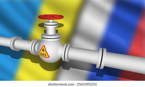 Vector wavy blurred flags of Ukraine and Russia. Political economic banner. Relations between countries. 3d gas pipeline. Termination of gas transit.