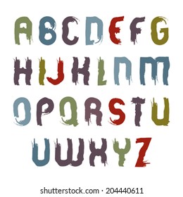 Vector wavy cartoon font, handwritten watercolor capital letters isolated on white, unusual acrylic bright typeface drawn with paint brush.