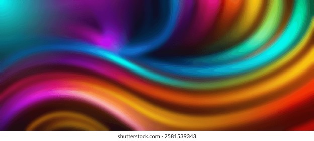 Vector wavy colorful rainbow blurred curved soft flowing wide background. Muddy abstract blur glow wallpaper. Energetic abstract iridescent waves.