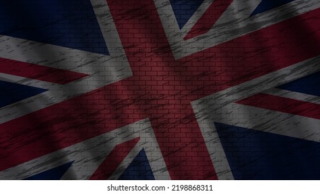 Bandera del Reino Unido ondulada y oscura vectorial con una estructura de pared de ladrillo visto. Fondo de escritorio o fondo