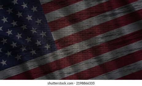 Vector wavy dark US flag with a spotted brick wall structure. Wallpaper or background